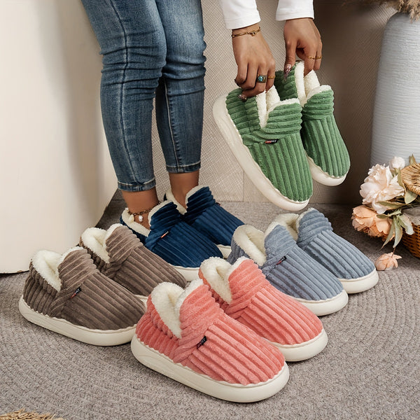 Pantoufles en polaire pour femme, couleur unie, confortables, antidérapantes, chaudes, en peluche, semelle épaisse pour intérieur/extérieur, bottines pour la maison, intérieure en tissu, semelle en TPR, lavables à la main.
