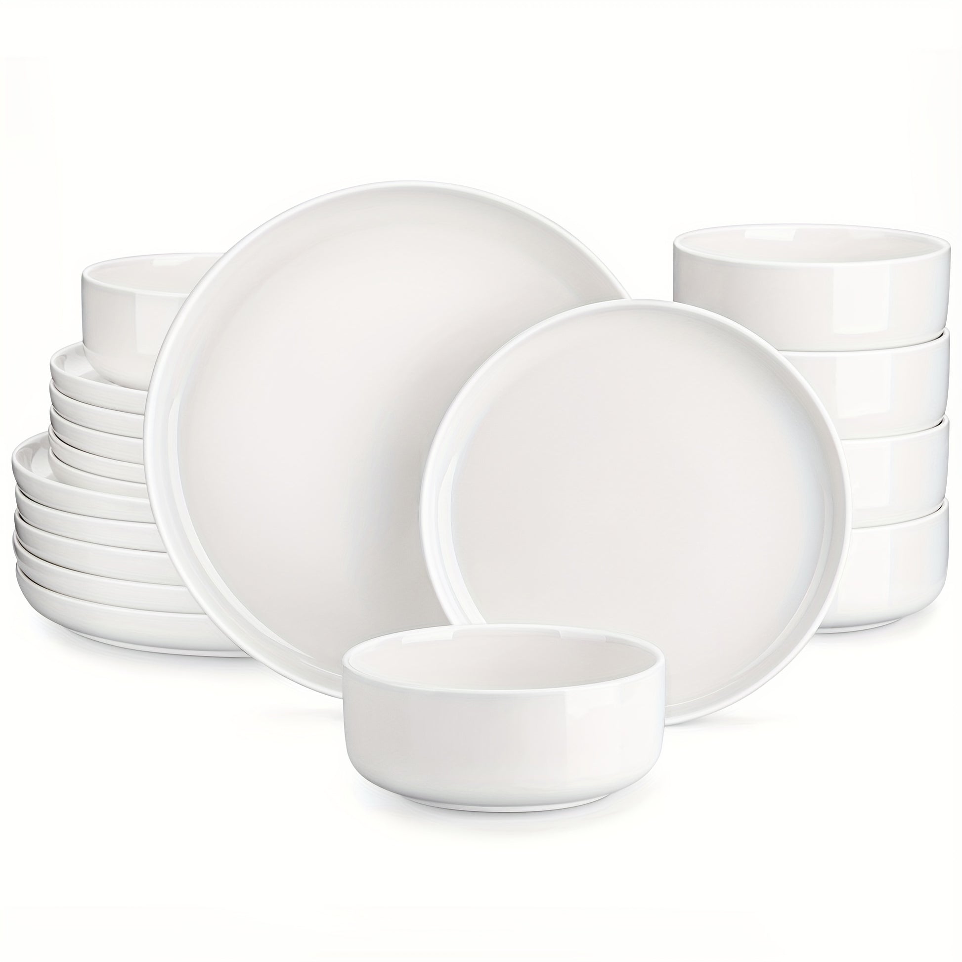 Service de vaisselle en porcelaine blanc ivoire 18 pièces avec assiette plate, assiette à dessert et bol à salade, pour 6 personnes.