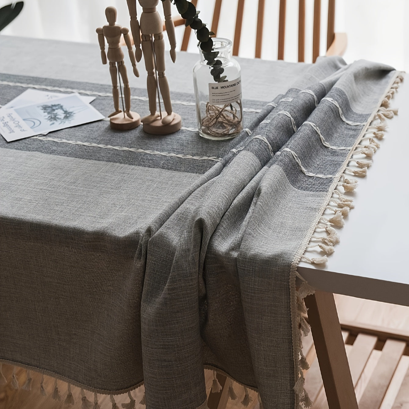 Nappe carrée Cottage 1 pièce, en coton-lin, style campagne américaine avec couture, franges beige bohème, adaptée pour cuisine, salle à manger, pique-nique, buffet, dîner de fête, soirée, banquet, restaurant, mariage, nappage pour plats occidentaux.