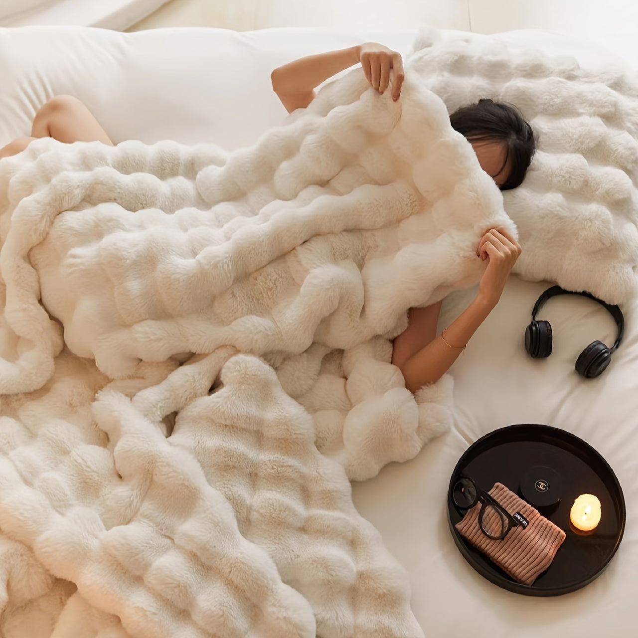 Couverture en peluche ultra-douce – épaisse, réversible en polaire à bulles pour voyage, canapé, lit et décoration intérieure – lavable en machine, confort toutes saisons, en blanc