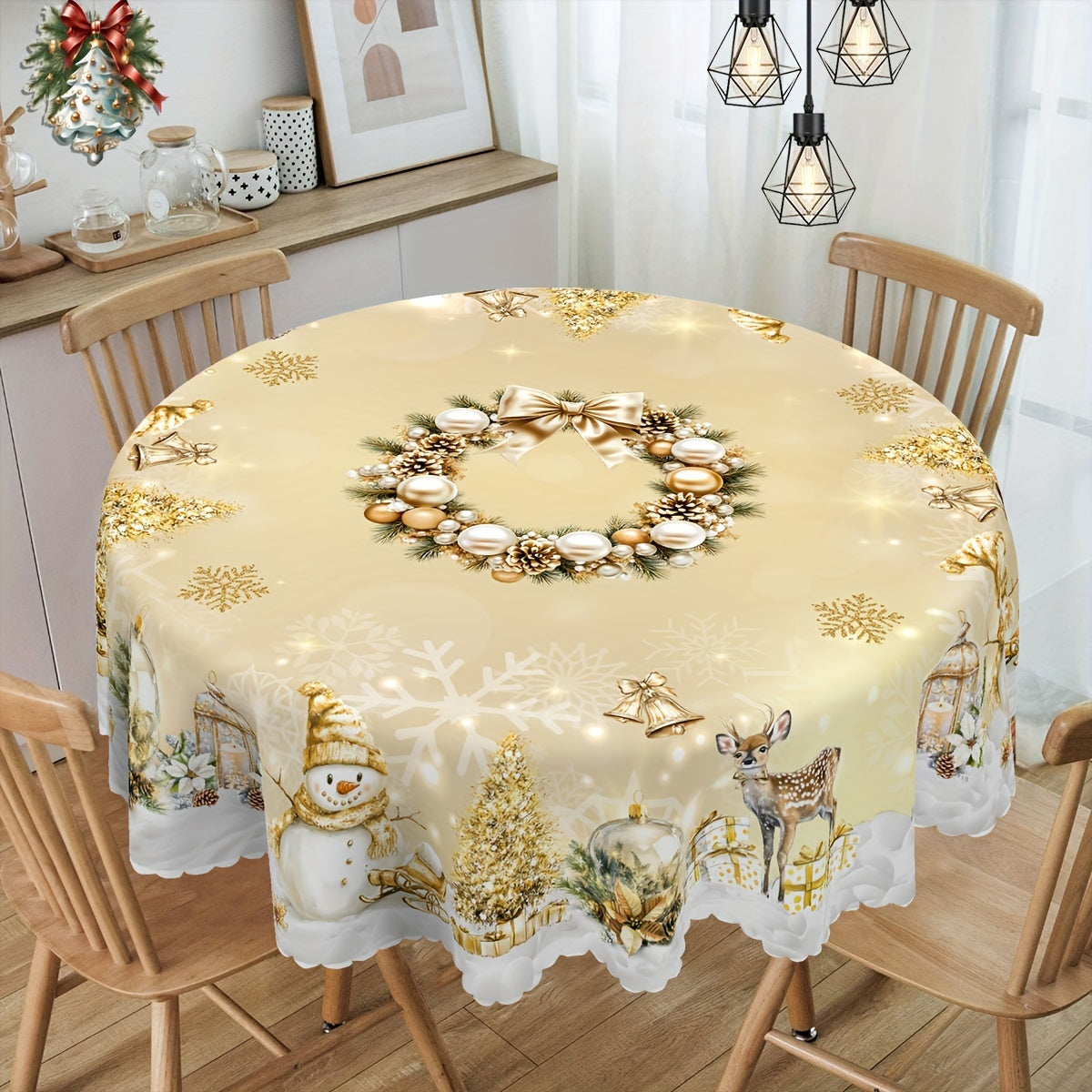Nappe de Noël rustique en polyester, doré et blanc, motif vintage bonhomme de neige et renne