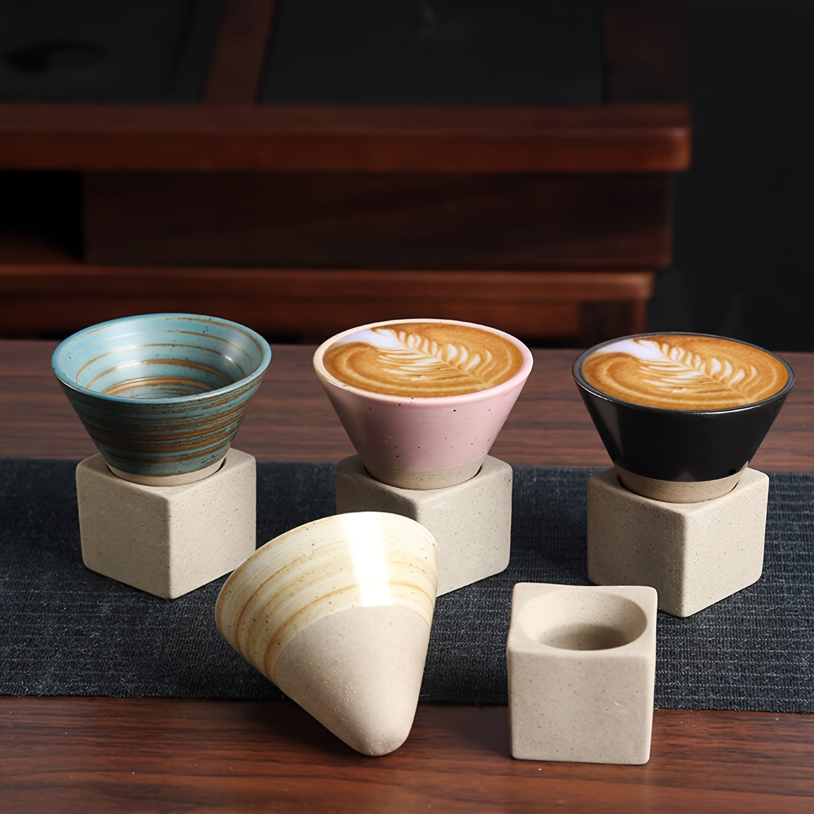 Set de mugs à café coniques vintage avec support, mug en poterie brute avec porte-mug