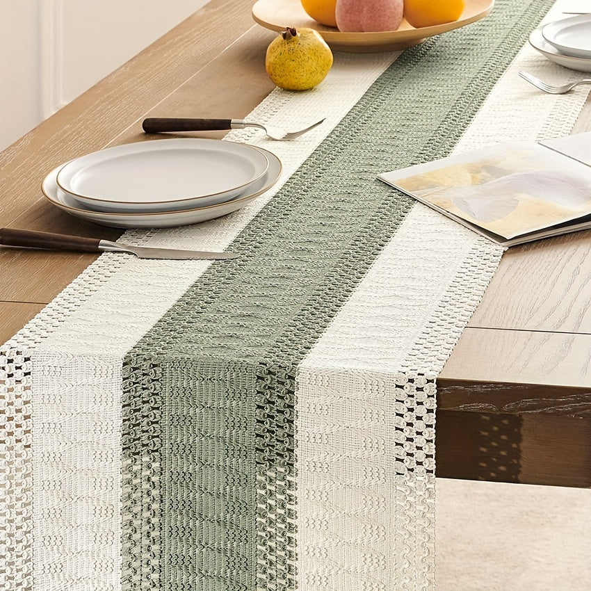 1pc chemin de table style macramé avec couture bicolore, couleur vert/Bleu, chemin de table bohème , décoration tissée de style ferme pour restaurant.