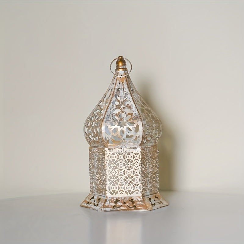 Lanterne décorative élégante blanche à bords dorés – motifs floraux délicats, base en fer robuste, idéale pour les mariages, Noël et la décoration intérieure – Bougie non incluse, porte-bougie.