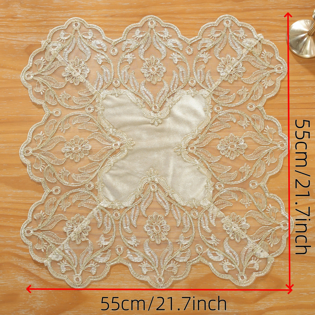 Nappe élégante en polyester avec dentelle dorée brodée – polyvalente pour toutes les saisons, résistante aux taches et à la chaleur, parfaite pour la maison