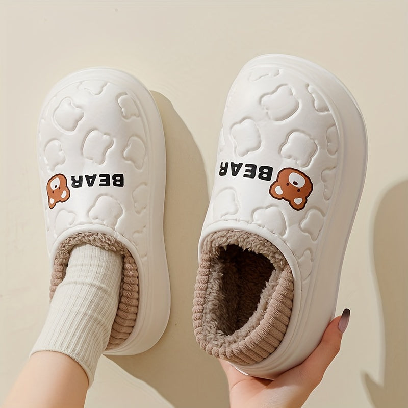 Pantoufles ours imperméables, chaussons à enfiler douillets et chauds avec doublure peluche, usage intérieur et extérieur pour l'hiver