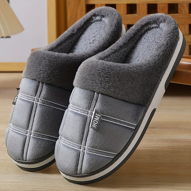 Chaussons pour hommes , classiques à carreaux, ajourés et duveteux, confortables avec semelle thermique antidérapante en caoutchouc, à enfiler pour la chambre, hiver et automne.