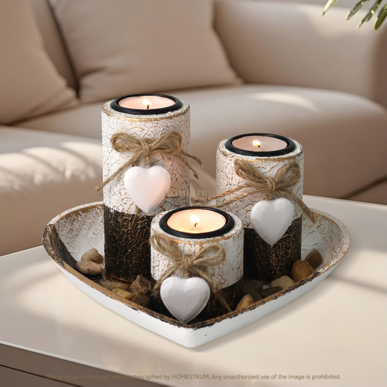 Set de 3 Bougeoirs en Bois Blanc avec Cœur – Support à Bougies , Plateau Décoratif en Forme de Cœur, Cadeau de Noël et Saint-Valentin