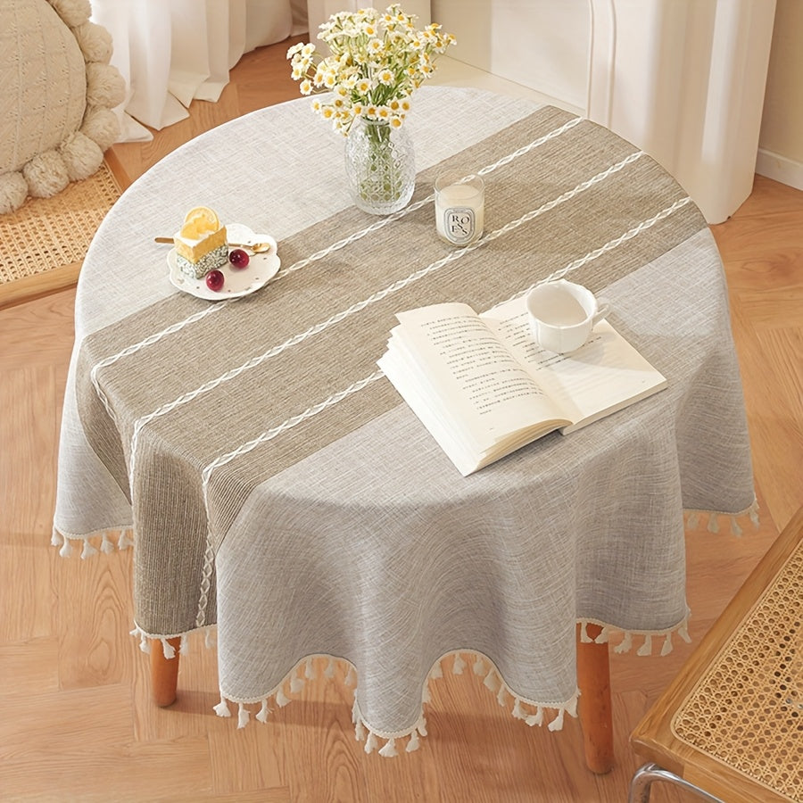 Nappe style japonais – napperon circulaire en polyester rayé marron avec franges, ambiance cocooning
