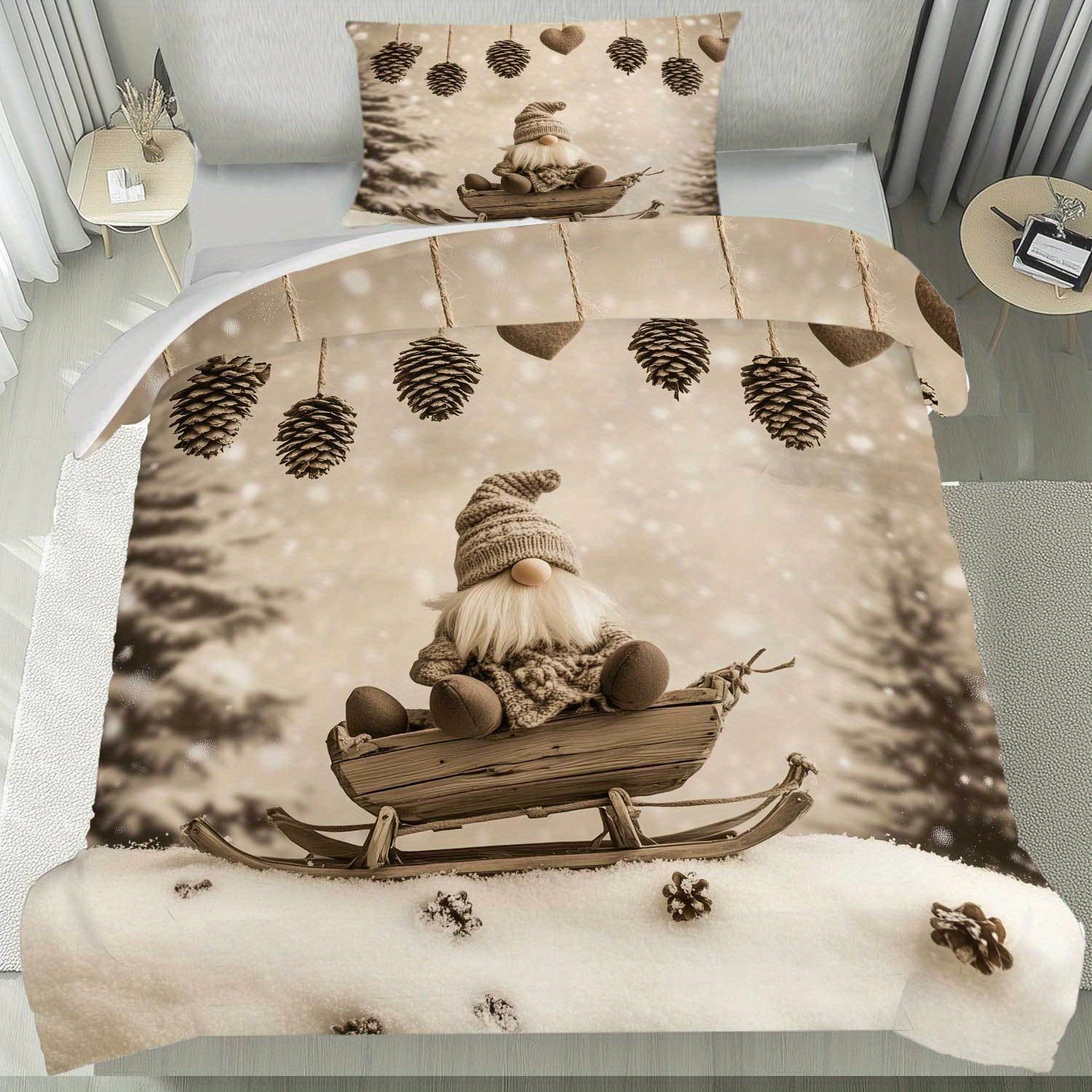 Parure de lit 2/3 pièces avec motif de gnome d’hiver sur luge
