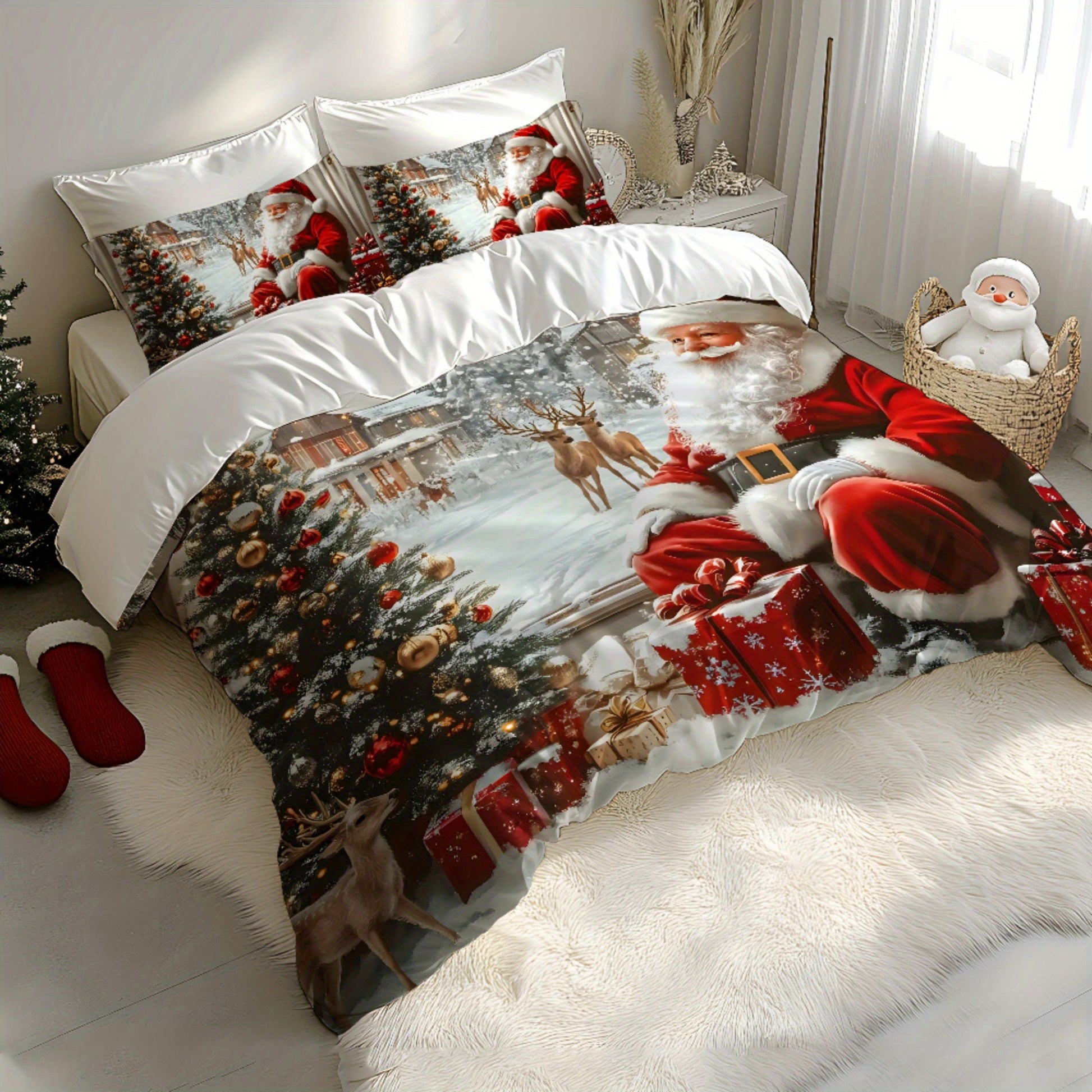 Ensemble de literie de Noël , motif Père Noël, traîneau, renne, sapin de Noël