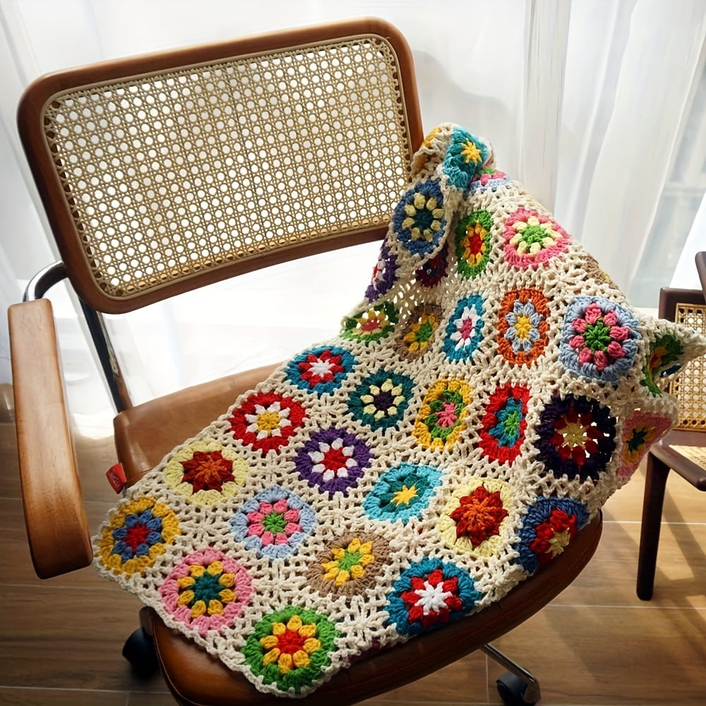 Plaid tricoté à la main motif floral – Jeté crocheté douillet avec design marguerite, parfait comme couverture de canapé ou de lit, confort toutes saisons