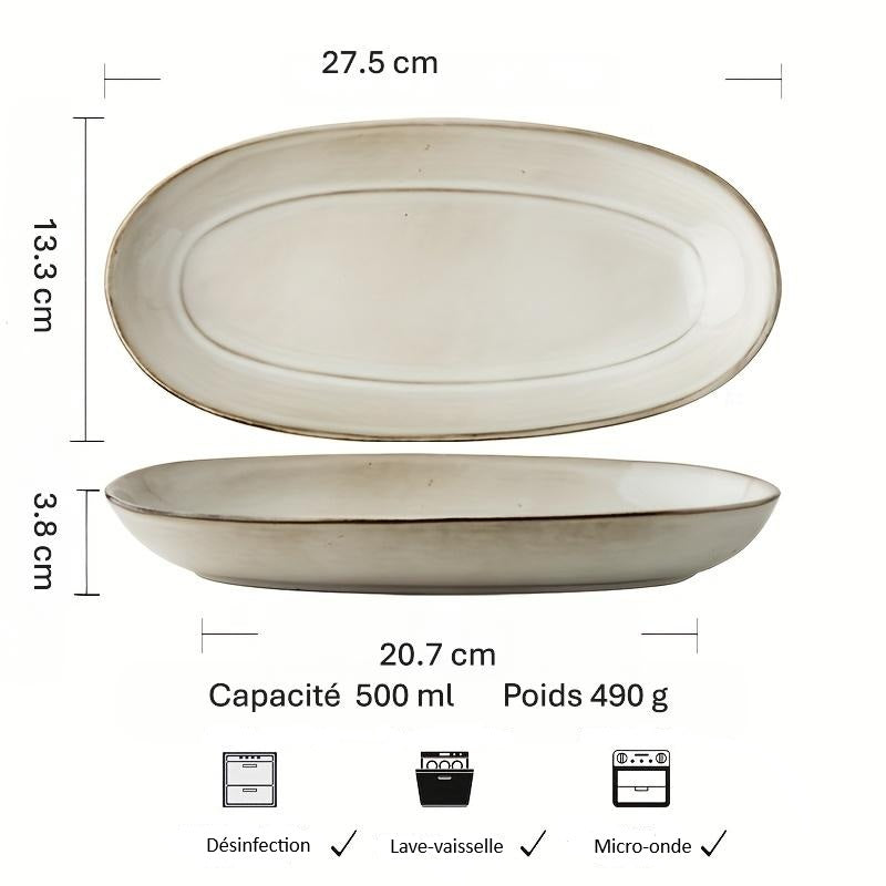Assiette à poisson ovale vintage en céramique, finition émaillée à changement de cuisson, idéale pour une utilisation domestique, design durable et élégant
