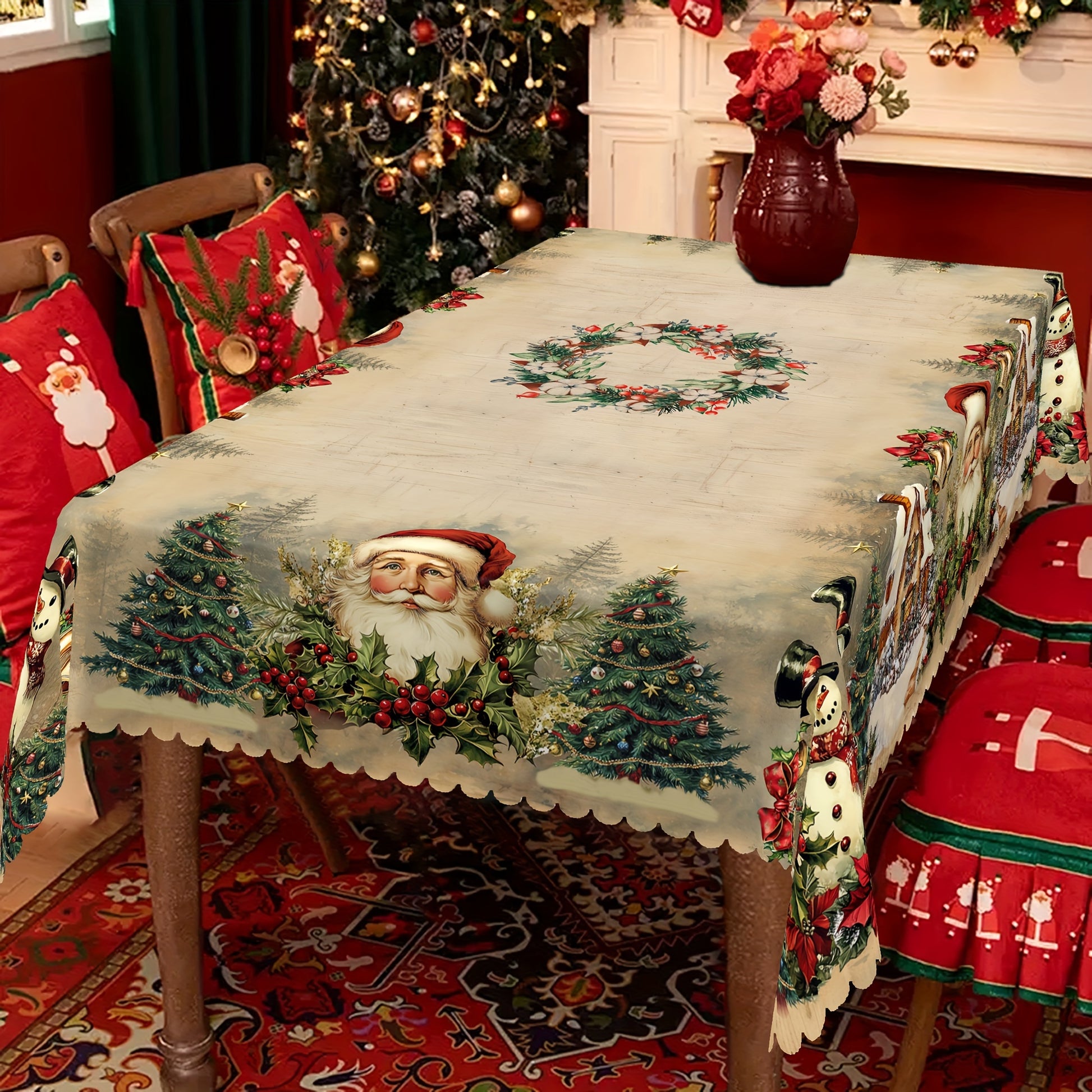 Nappe en polyester, motif bois rétro, thème Noël avec Père Noël et fleurs