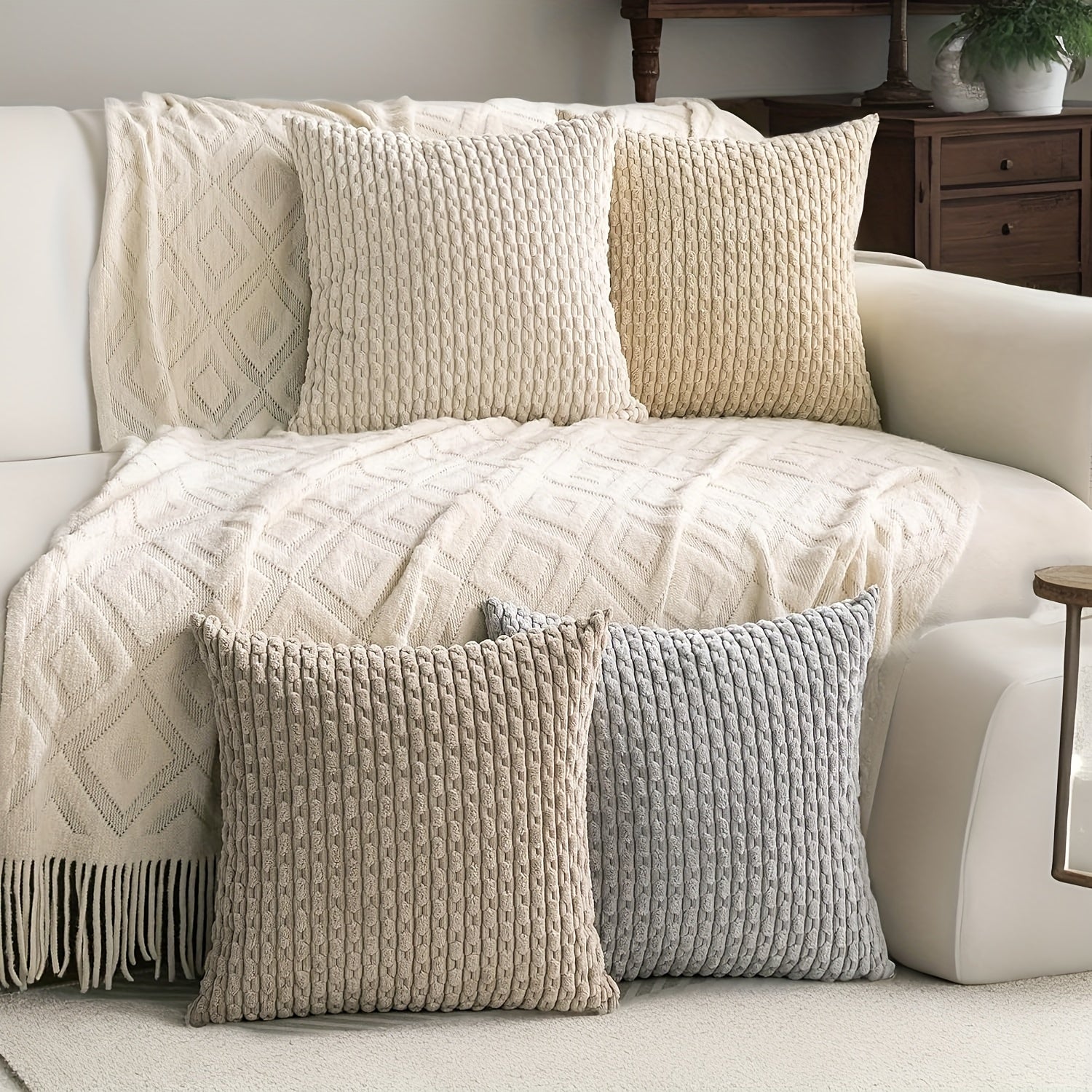4 housses de coussin en peluche rayées – Style bohème chic et maison de campagne, doux polyester, fermeture éclair, lavables en machine – Idéales pour la décoration du canapé