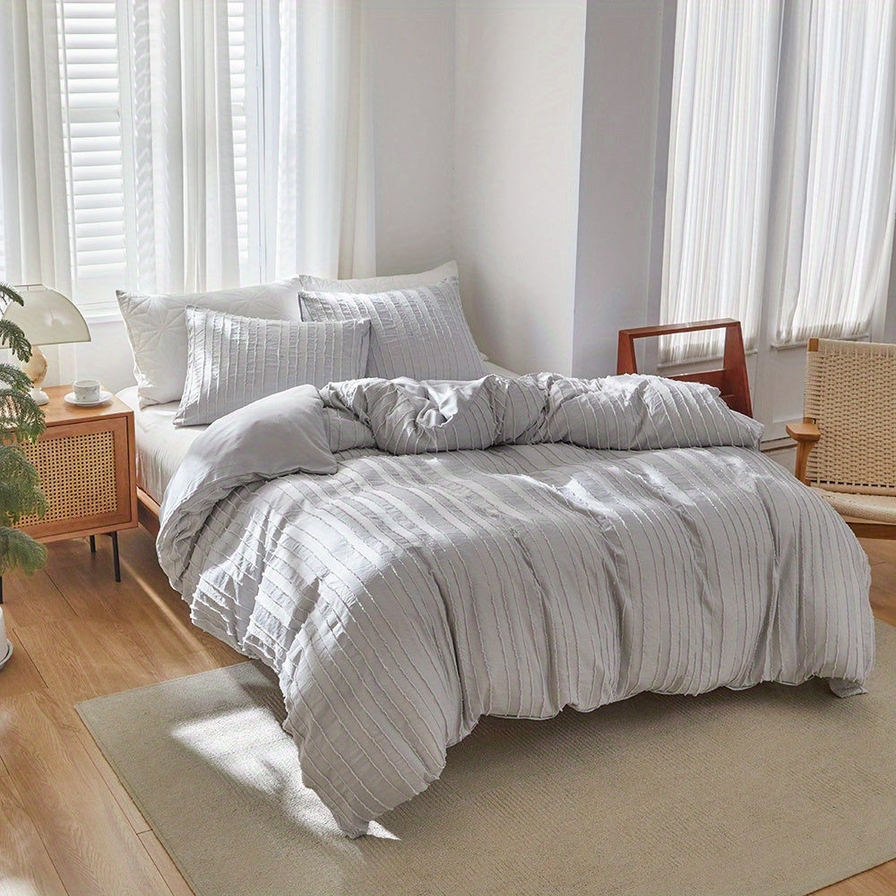 Ensemble de housse de couette rayée unie brodée 2/3 pièces