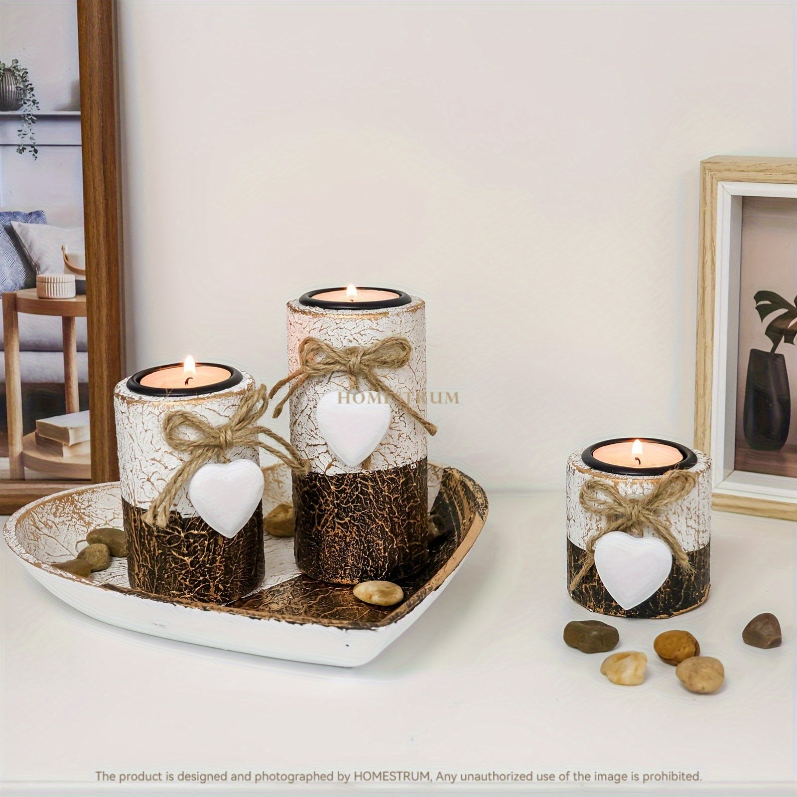 Set de 3 Bougeoirs en Bois Blanc avec Cœur – Support à Bougies , Plateau Décoratif en Forme de Cœur, Cadeau de Noël et Saint-Valentin
