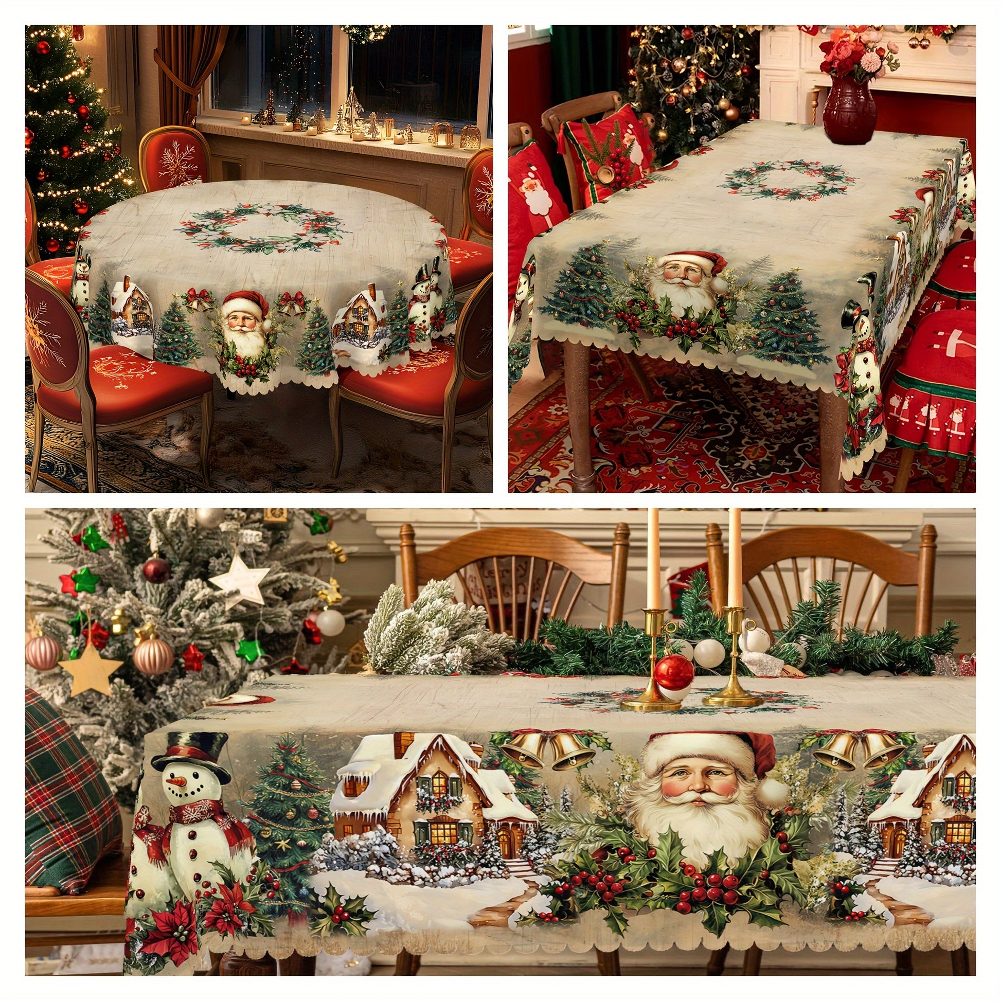 Nappe en polyester, motif bois rétro, thème Noël avec Père Noël et fleurs
