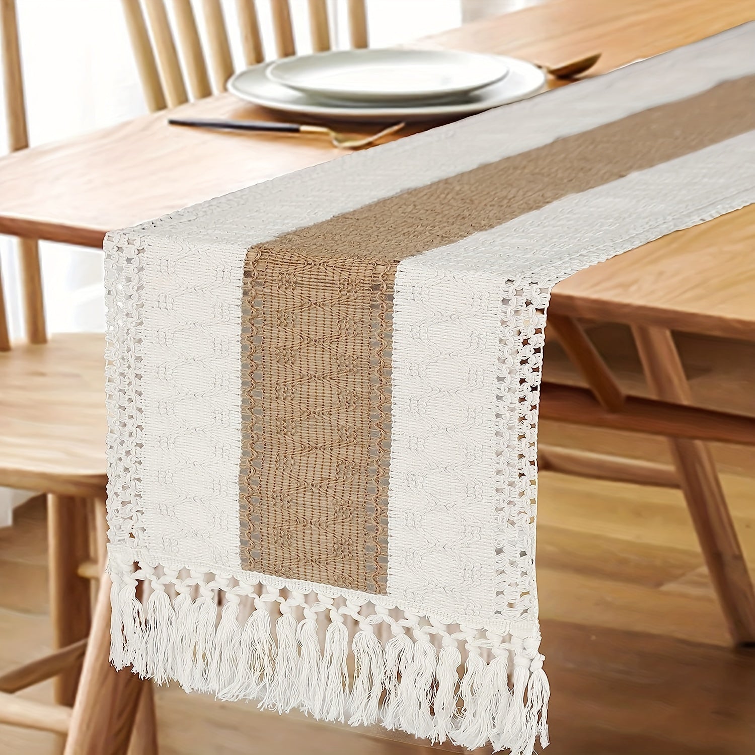 Chemin de table à pampilles style bohème, 1 pièce en coton et lin tissé à rayures, longue bande en fil de jute pour décoration de table de salle à manger, idéale pour mariage, fournitures de fête et décoration de vacances