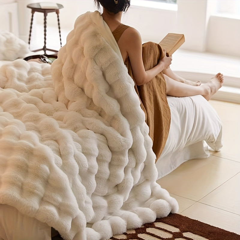 Couverture en peluche ultra-douce – épaisse, réversible en polaire à bulles pour voyage, canapé, lit et décoration intérieure – lavable en machine, confort toutes saisons, en blanc