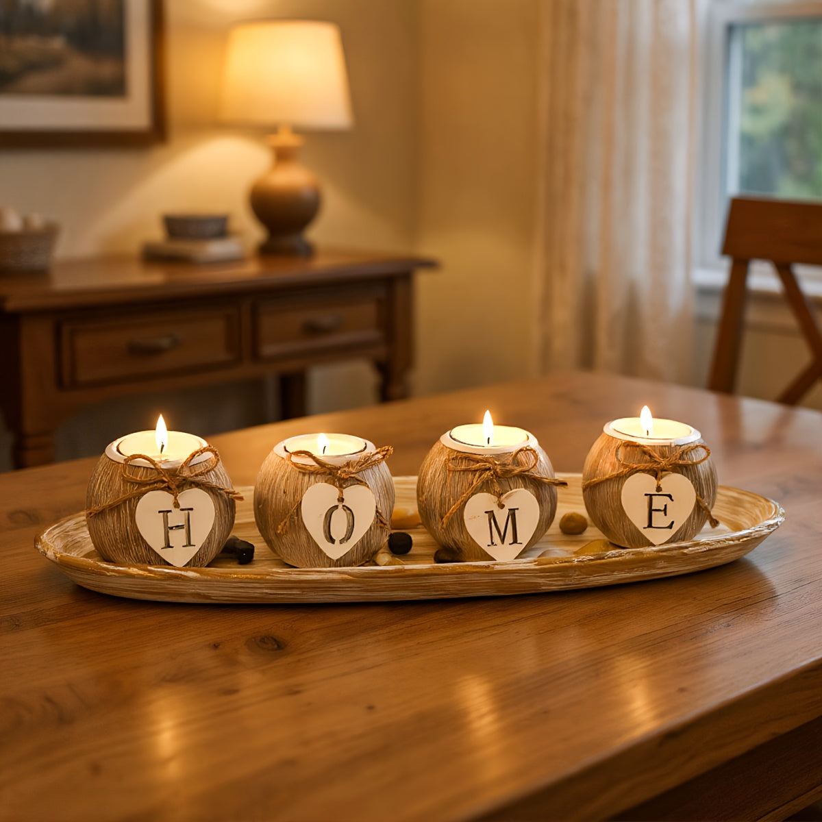 Ensemble de bougeoirs décoratifs HOME en bois artificiel effet marbre blanc et doré – Centre de table rustique style ferme, support élégant pour bougies  Set de chandeliers décoratifs avec lettres ajourées et finition pierre.