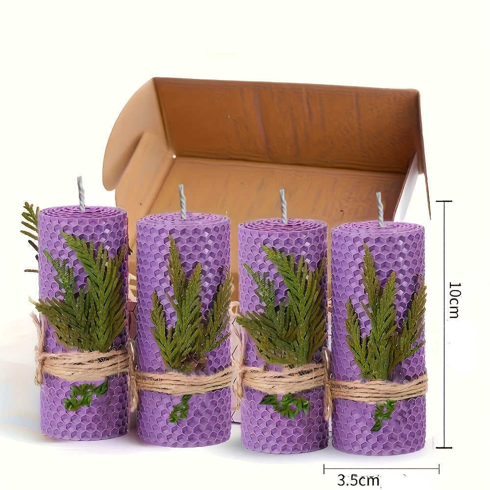 Lot de 4 bougies en cire d'abeille Violet / Bleu / Rouge / Jaune dans une boîte cadeau – Bougies ovales à une mèche, parfum miel avec fleurs séchées et pour une douce lumière nocturne, avec support à bougie inclus.