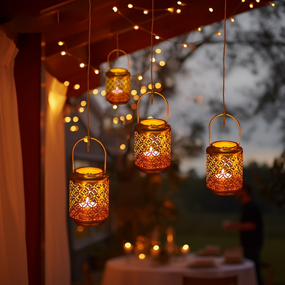 Lanternes décoratives dorées pour bougies , en métal suspendu, petites lanternes vintage. Idéales comme centres de table pour Noël, mariage ou fête. Peut servir de chandelier, candélabre ou suspension dorée élégante.