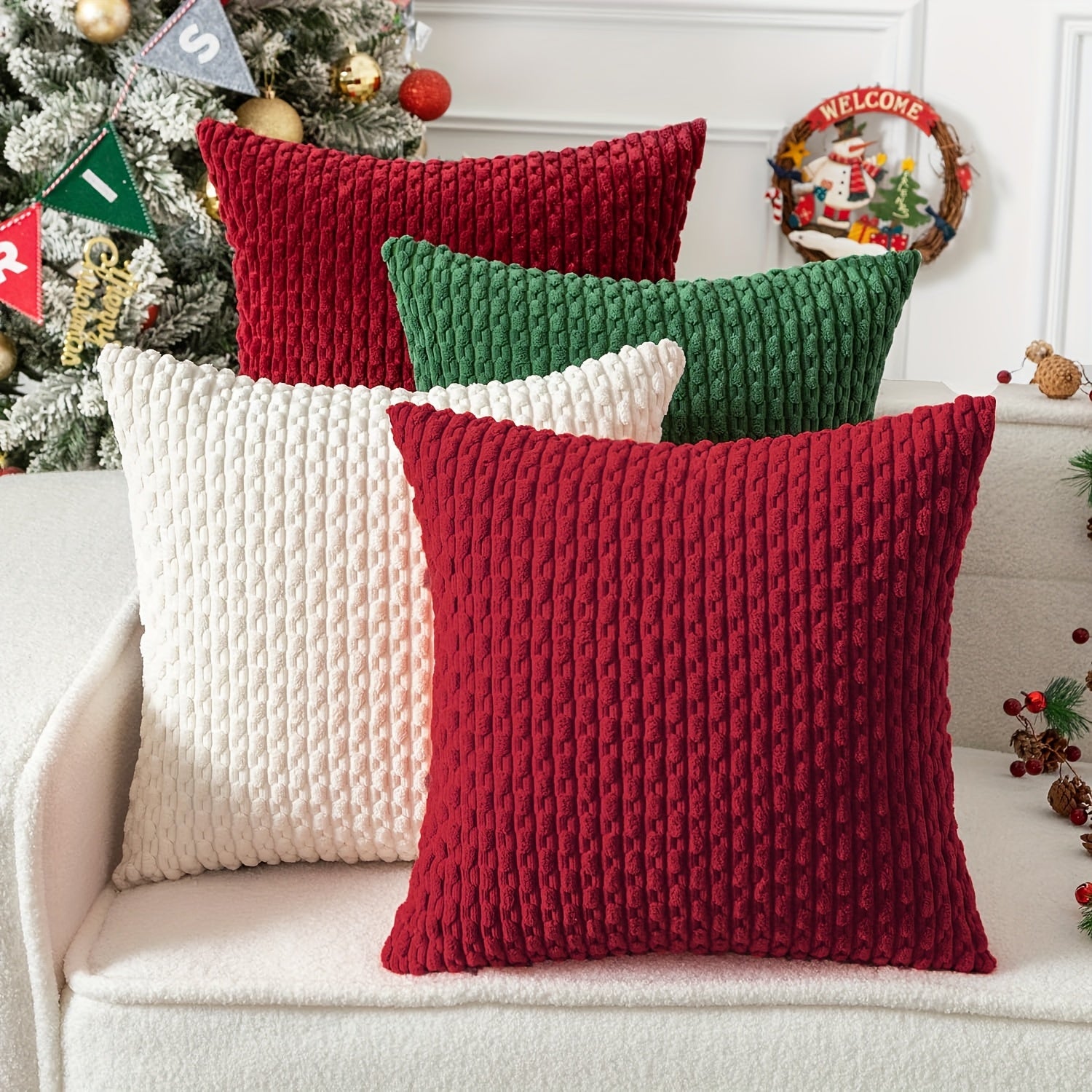 4 housses de coussin en peluche rayées – Style bohème chic et maison de campagne, doux polyester, fermeture éclair, lavables en machine – Idéales pour la décoration du canapé