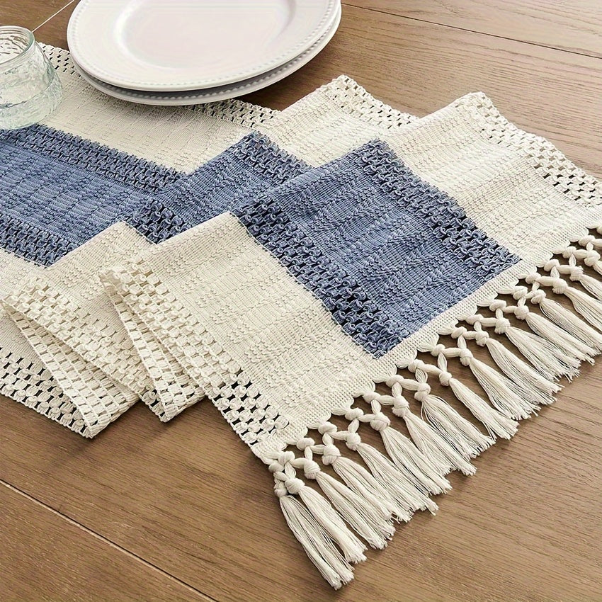 1pc chemin de table style macramé avec couture bicolore, couleur vert/Bleu, chemin de table bohème , décoration tissée de style ferme pour restaurant.