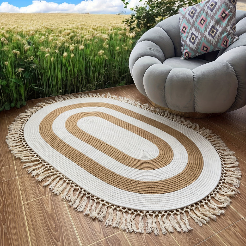 Tapis de sol ovale à rayures bicolores de style bohème avec franges