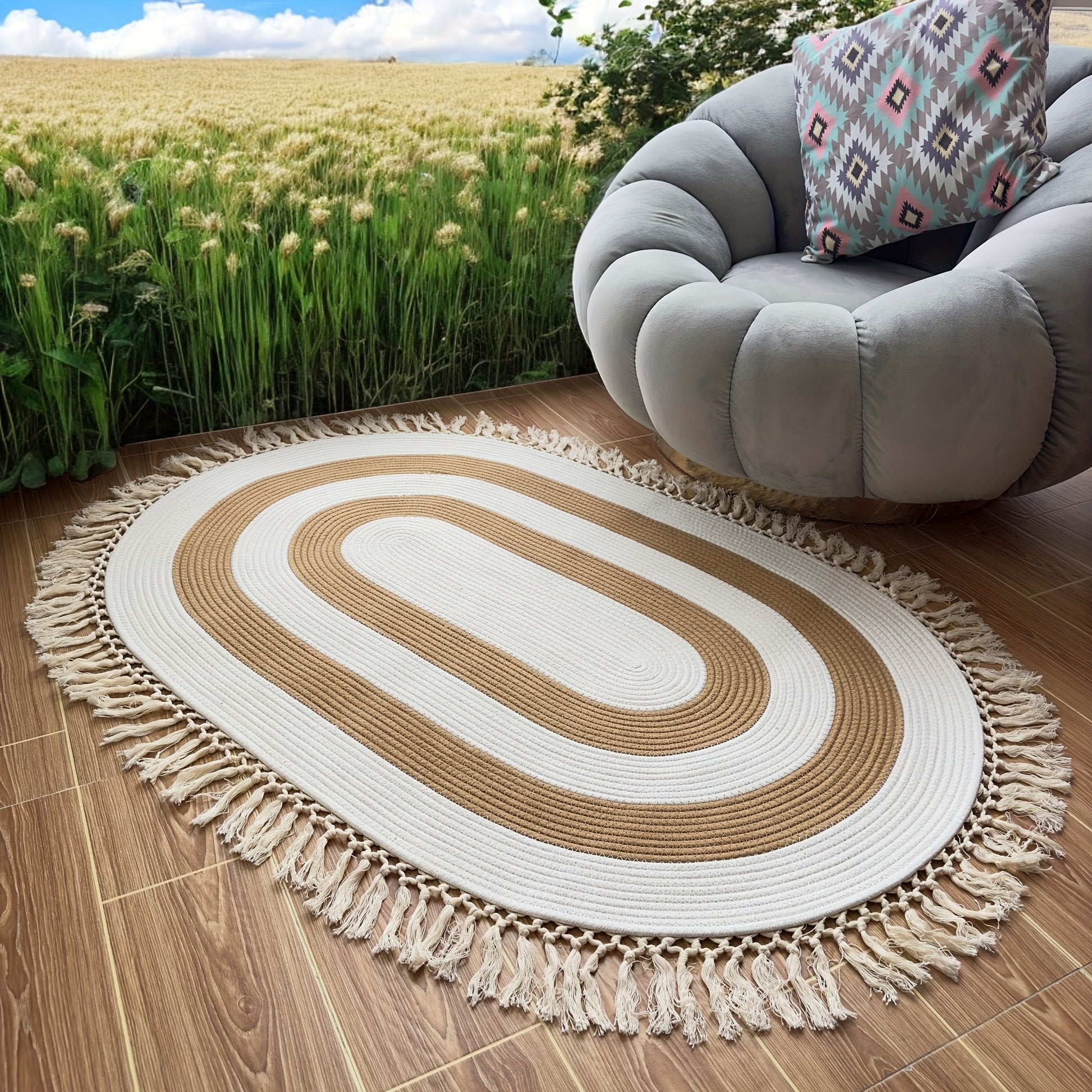 Tapis de sol ovale à rayures bicolores de style bohème avec franges