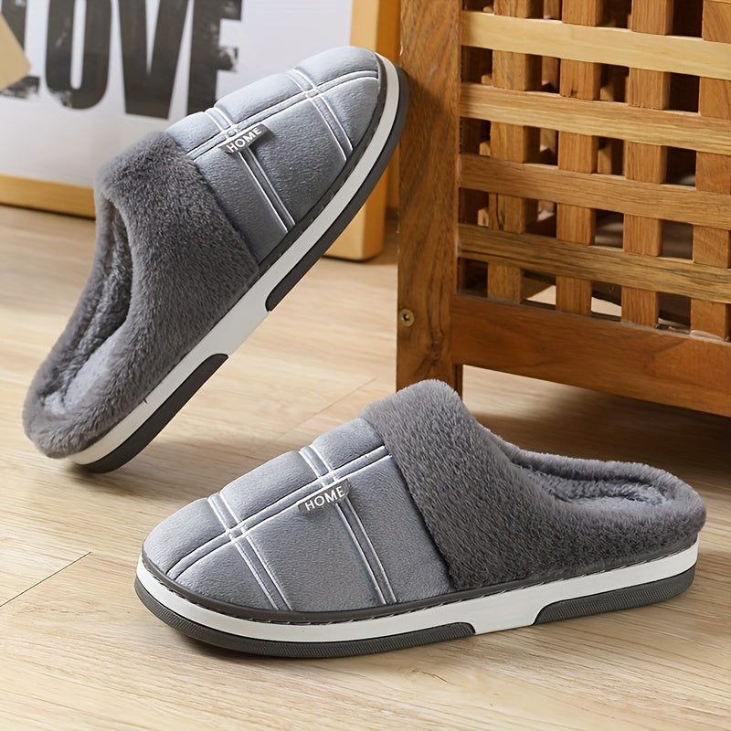 Chaussons pour hommes , classiques à carreaux, ajourés et duveteux, confortables avec semelle thermique antidérapante en caoutchouc, à enfiler pour la chambre, hiver et automne.