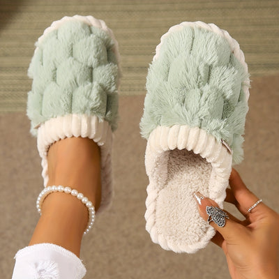 Chaussons d'intérieur à fourrure synthétique bicolore, chaussures décontractées à enfiler, doublées en peluche, confortables pour la maison.