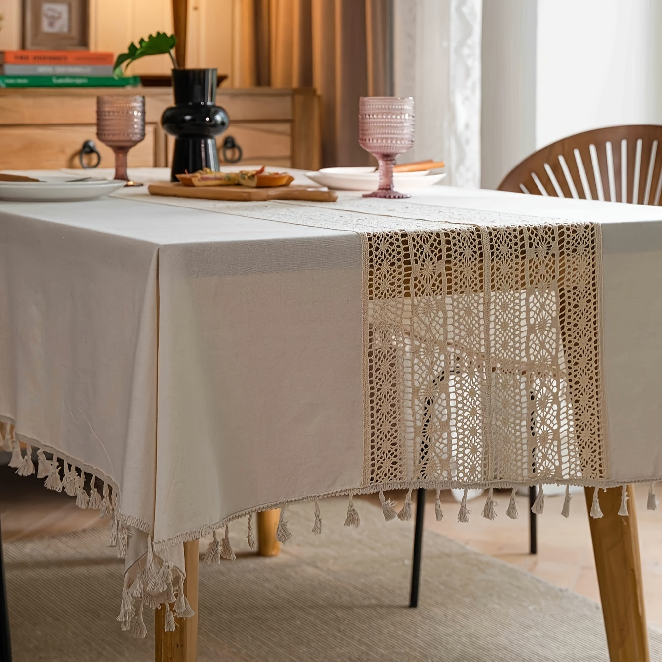 Nappe en lin, nappe bohème purement faite à la main au crochet, nappe rétro en chanvre à empiècement ajouré beige avec franges, adaptée pour table de Noël, pique-nique, décoration anti-poussière, décoration de pièce.