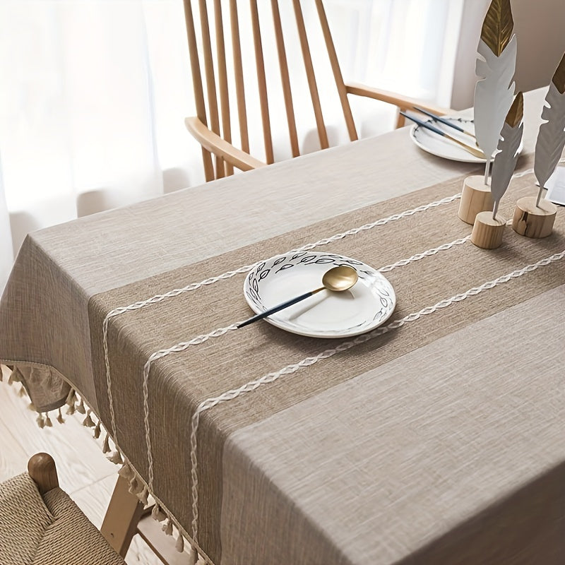 Nappe lavable résistante aux taches 1 pièce, nappe décorative en lin à franges, protège de la poussière﻿mp Splicing Vintage Hollow Beige Tassel Tablecloth For Picnic, Kitchen Decor, Room Decor, Camping, Wedding, Birthday Party
