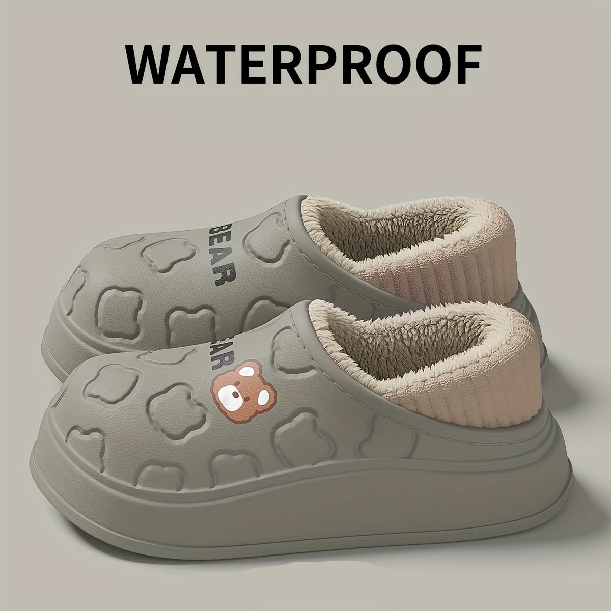 Pantoufles ours imperméables, chaussons à enfiler douillets et chauds avec doublure peluche, usage intérieur et extérieur pour l'hiver