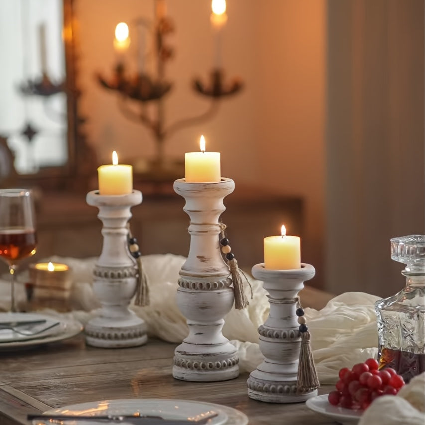Bougeoirs en bois pour bougies piliers – Lot de 3 chandeliers rustiques farmhouse