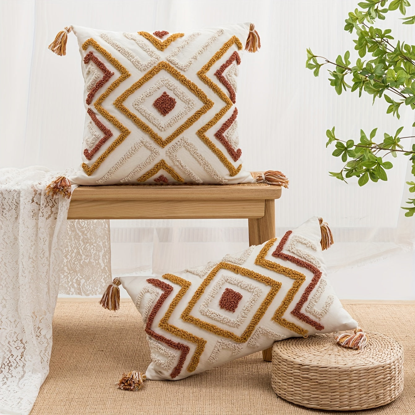 Housse de coussin carrée géométrique, style bohème, confectionnée en velours à boucles avec broderie imprimée. Housse de coussin décorative idéale pour la décoration de la maison : chambre, salon ou canapé.