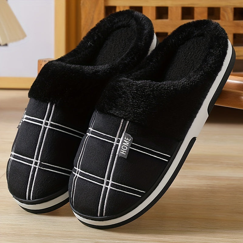 Chaussons pour hommes , classiques à carreaux, ajourés et duveteux, confortables avec semelle thermique antidérapante en caoutchouc, à enfiler pour la chambre, hiver et automne.
