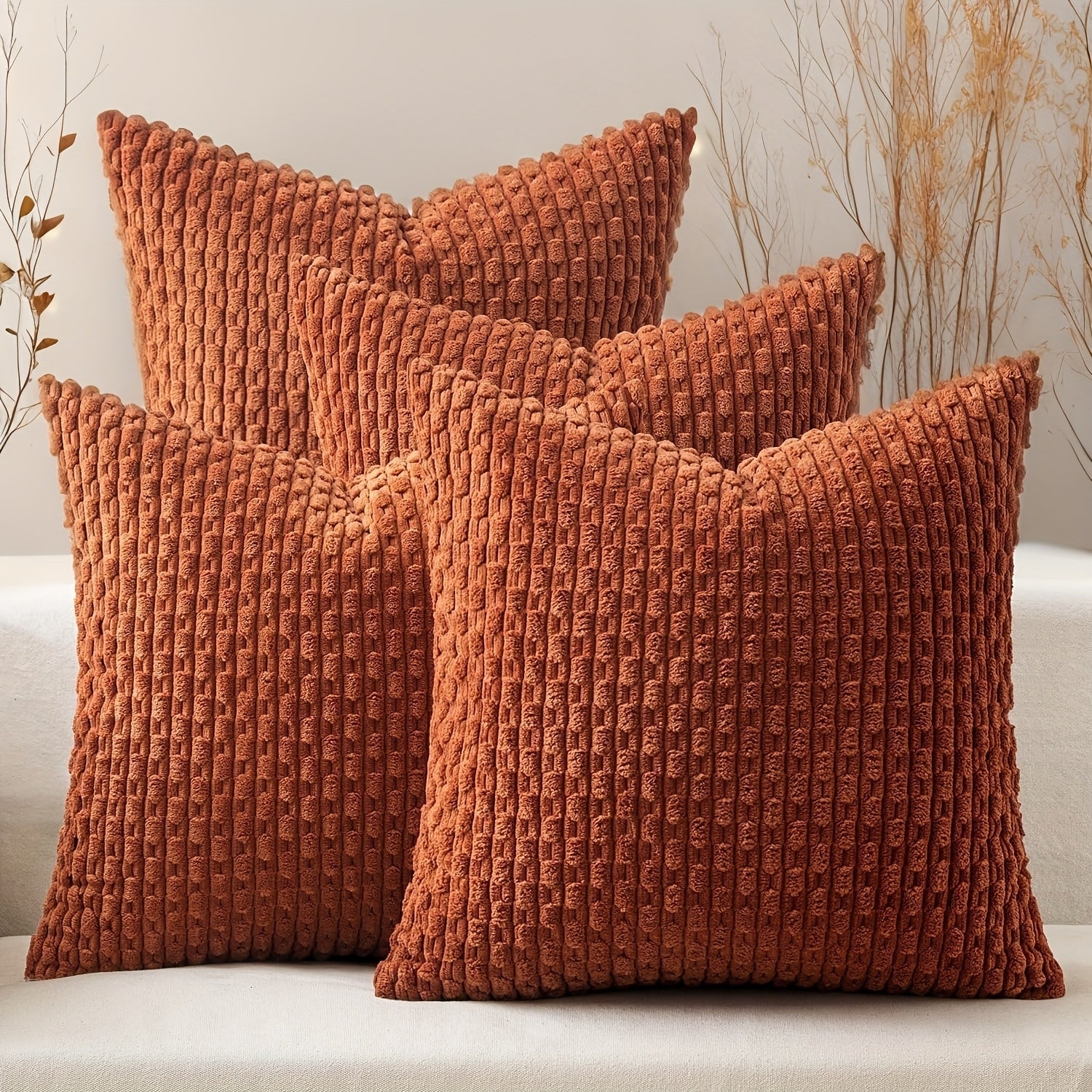4 housses de coussin en peluche rayées – Style bohème chic et maison de campagne, doux polyester, fermeture éclair, lavables en machine – Idéales pour la décoration du canapé