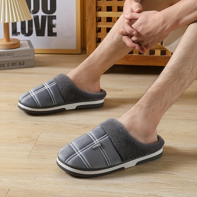 Chaussons pour hommes , classiques à carreaux, ajourés et duveteux, confortables avec semelle thermique antidérapante en caoutchouc, à enfiler pour la chambre, hiver et automne.
