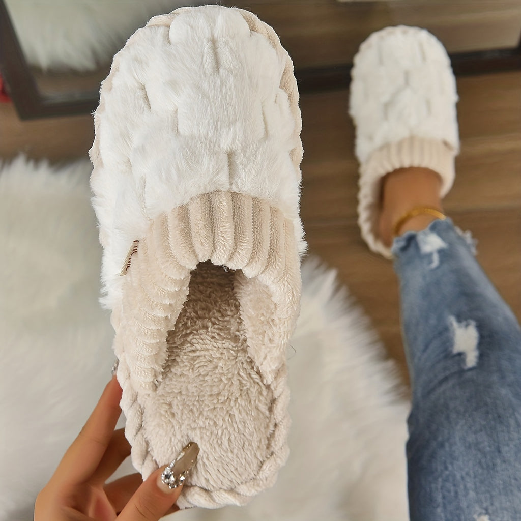 Chaussons d'intérieur à fourrure synthétique bicolore, chaussures décontractées à enfiler, doublées en peluche, confortables pour la maison.