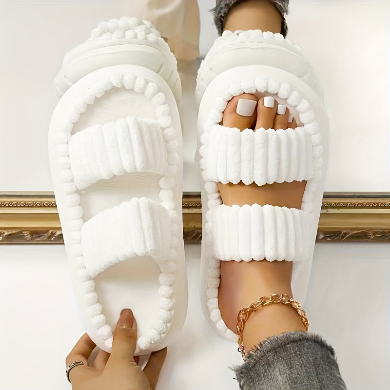 Chaussons femmes à double bride en peluche, coloris unis, à bout ouvert, antidérapants, confortables, en forme de tongs, chaussures de mode, chaussons d'intérieur à plateforme