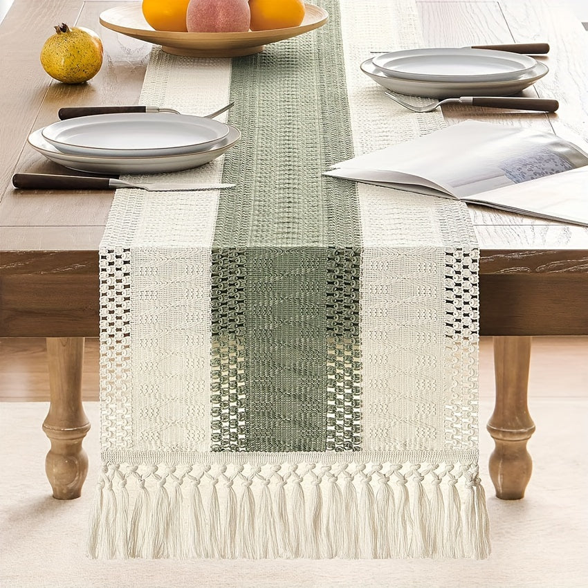 1pc chemin de table style macramé avec couture bicolore, couleur vert/Bleu, chemin de table bohème , décoration tissée de style ferme pour restaurant.