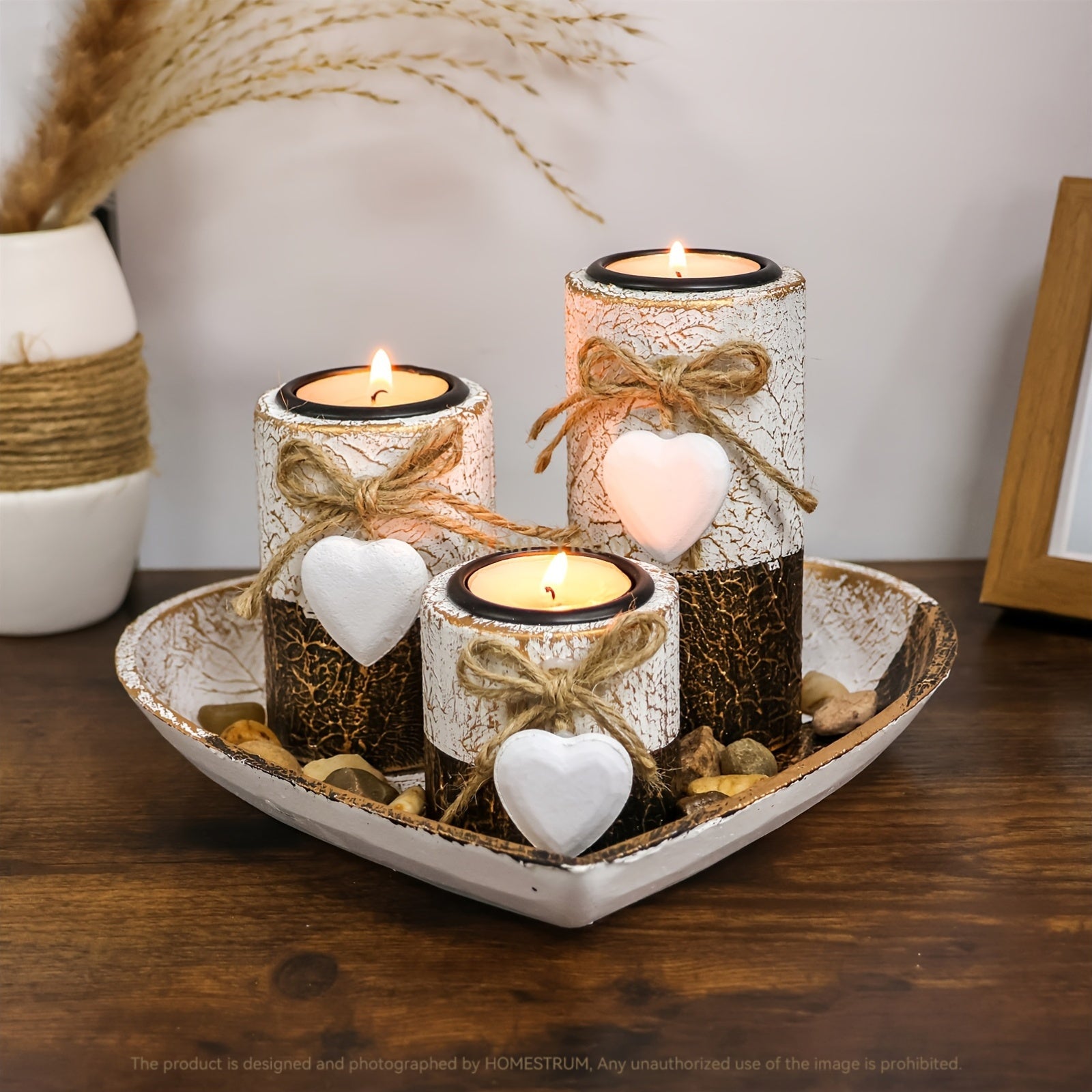 Set de 3 Bougeoirs en Bois Blanc avec Cœur – Support à Bougies , Plateau Décoratif en Forme de Cœur, Cadeau de Noël et Saint-Valentin