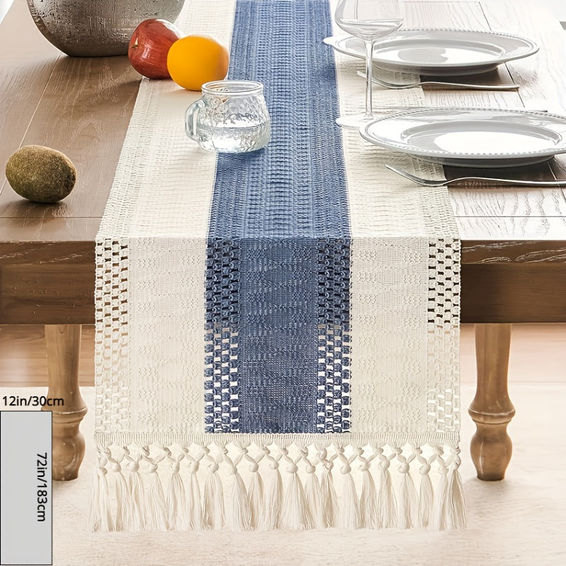 1pc chemin de table style macramé avec couture bicolore, couleur vert/Bleu, chemin de table bohème , décoration tissée de style ferme pour restaurant.