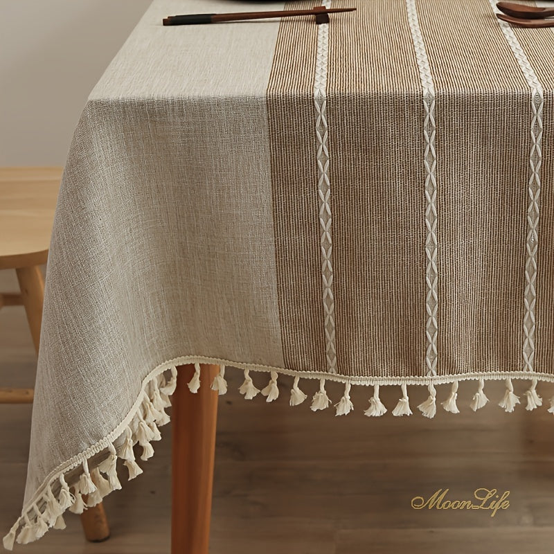 Nappe lavable résistante aux taches 1 pièce, nappe décorative en lin à franges, protège de la poussière﻿mp Splicing Vintage Hollow Beige Tassel Tablecloth For Picnic, Kitchen Decor, Room Decor, Camping, Wedding, Birthday Party