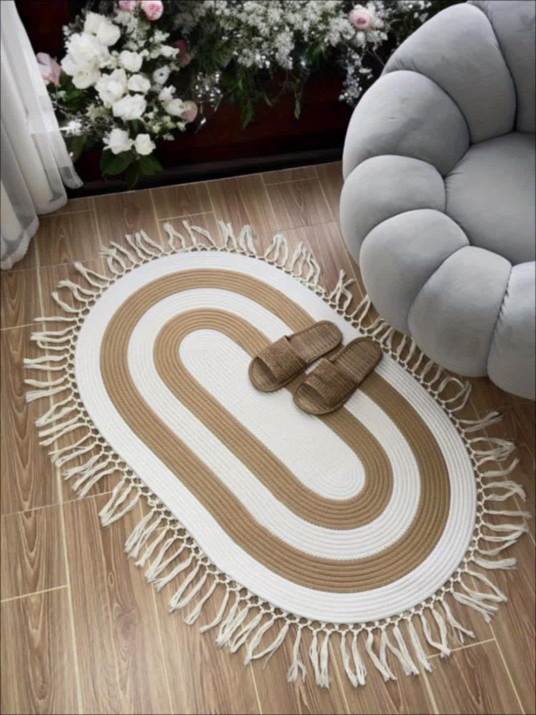 Tapis de sol ovale à rayures bicolores de style bohème avec franges