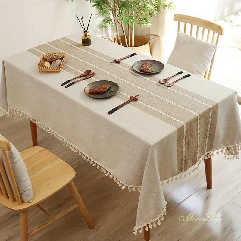 Nappe lavable résistante aux taches 1 pièce, nappe décorative en lin à franges, protège de la poussière﻿mp Splicing Vintage Hollow Beige Tassel Tablecloth For Picnic, Kitchen Decor, Room Decor, Camping, Wedding, Birthday Party
