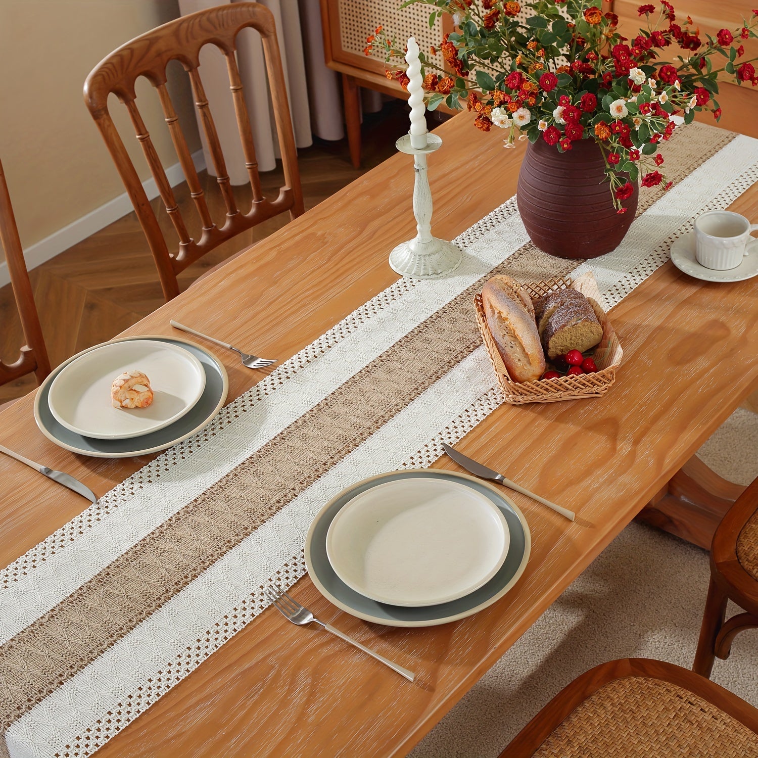Chemin de table à pampilles style bohème, 1 pièce en coton et lin tissé à rayures, longue bande en fil de jute pour décoration de table de salle à manger, idéale pour mariage, fournitures de fête et décoration de vacances